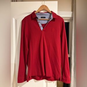Massimo Dutti Men's Red Long-Sleeve Polo with Contrast Inner Placket